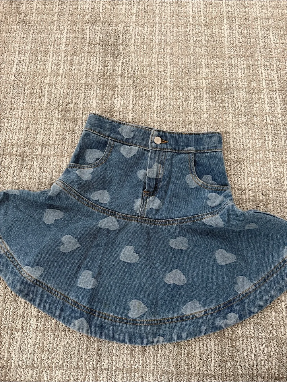 Heart Print Denim Skater Skirt - Blue